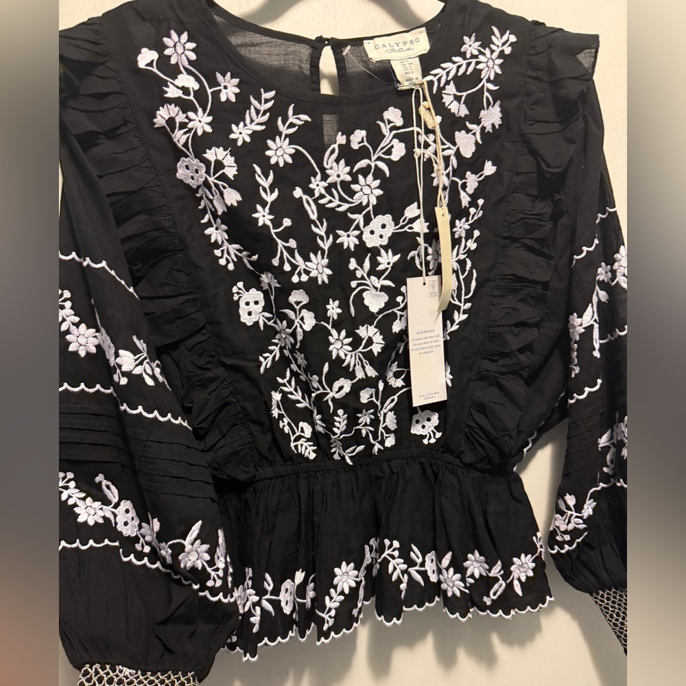 Calypso St. Barth Black & White Embroidered Cotton Boho Blouse NWT SZ Small